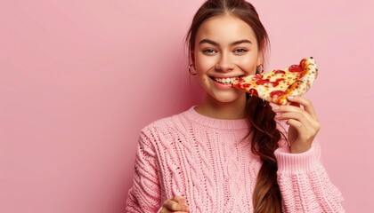 Adorable girl enjoying tasty pizza on soft colored background, ideal for text overlay