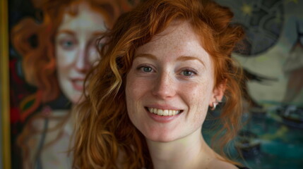Fototapeta premium photo portrait of a smiling red haired woman artist --ar 16:9 Job ID: e544e0b0-e0cf-4504-aa0f-f35f043f3b93