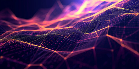 A dark purple background with blue and yellow lines geometric polygonal space low poly network nodes with connected dots and lines on dark blur blue tone background. Concept for digital technology,  - obrazy, fototapety, plakaty