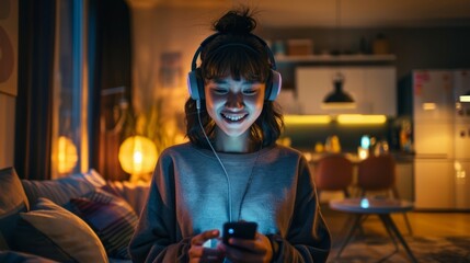 Obraz premium Woman with headphones using phone at night, fits themes of tech gadgets and evening leisure.