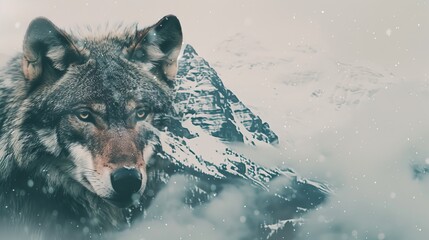 Haunting Double Exposure of Wolf and Snowy Peak - obrazy, fototapety, plakaty