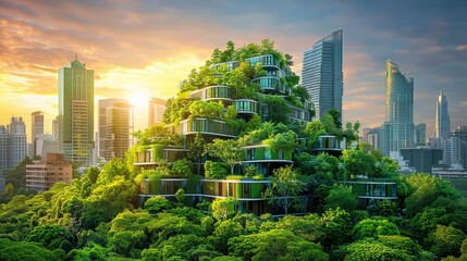 Urban landscape showcasing the eco-conscious building trends of tomorrow - featuring green roofs, solar installations, and cutting-edge sustainable design aesthetics