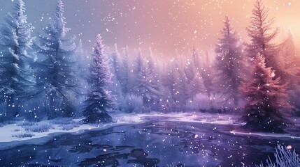 Enchanting Frosty Wonderland with Glistening Ice Covered Trees and Sparkling Snowflakes