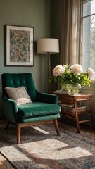 Cozy corner of room basks in glow of natural light filtering through window. Green armchair with textured cushion beckons for moment of relaxation. Adjacent to this.