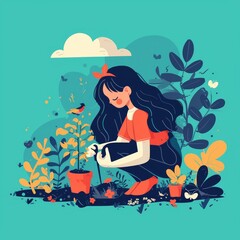 Arbor Day banner. Girl Planting a Plant Flat illustration. Ready-made template for Banners, Postcards