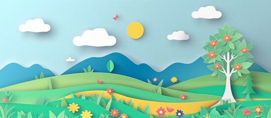 Fototapeta na wymiar The paper art background, nature scene, cloud on blue sky, mountain, hill, tree, flower,minimalist landscape illustration.