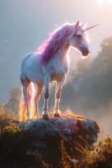 The stunning unicorn with a colorful coat looks out over the magnificent scenery from its perch on the mountaintop, a magical and captivating sight. Generated by AI.