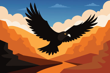 Black eagle over desert landscape, falcon or hawk vector