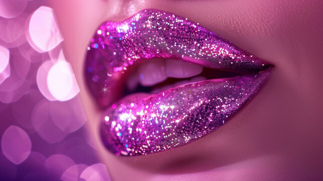 A woman's lips are covered in glittery pink makeup. The image has a fun and playful mood, as the glittery makeup gives the lips a glamorous and eye-catching appearance
