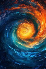 A vibrant artwork featuring a dynamic blend of blue and orange.