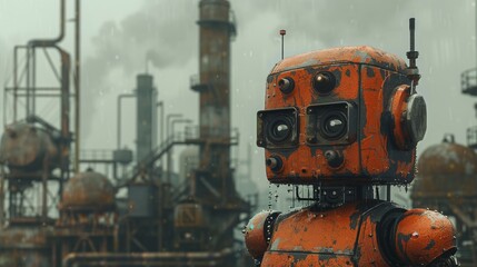 An AI-powered robot, depicted in a digital art style, stands before the abandoned factory.
