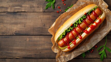 hot dog sandwich sausage, gherkin, ketchup, mayonnaise fast food smeal food snack on the table copy space food background rustic top view - obrazy, fototapety, plakaty