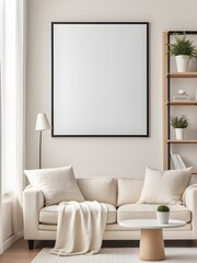Mockup poster frame on the wall of living room with Scandinavian style, interior mockup design, frame mockup