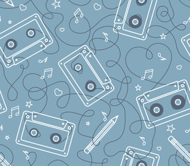 Vector seamless texture of unraveled audio tapes with pencils. Blue background