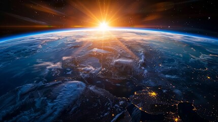 Stunning blue sunrise view of Earth from space, showcasing the beauty and majesty of our planet.
