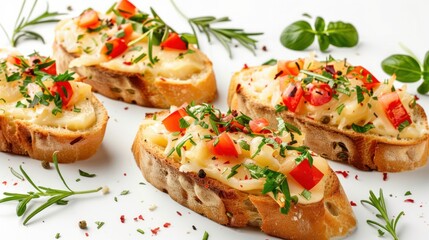 Open faced sandwich crostini isolated on white background closeup. Vegetarian canape with cheese. Top view. Flat lay. Appetizer tartarine. - obrazy, fototapety, plakaty