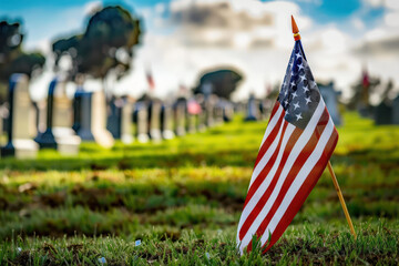 A photo of an American flag on display in front of military graves. Concept National holidays, Flag Day, Veterans Day, Memorial Day. Generative Ai Image. - Powered by Adobe