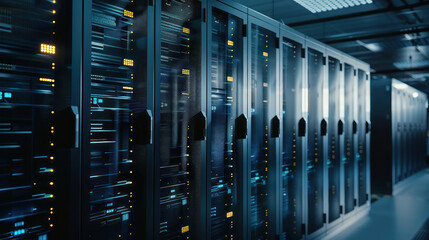 Modern Data Center with Grey and Blue Scaled solid wall of black server cabinets. Generative Ai Image.