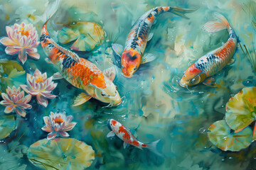tranquil pond with lily pads and colorful koi fish swimming gracefully, all in soft watercolor hues.