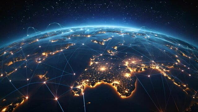 Connection lines technology of future around the earth surface with circles and lines. Internet, Social media or logistical concept. Ai Footage.