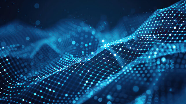 Abstract digital background with blue dots and lines in the shape of waves, forming an intricate pattern on a dark blue background. Generative Ai Image.