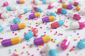 scattered colorful antibiotics capsules on white background drug resistance concept 3d illustration