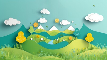 The paper art background, nature scene, cloud on blue sky, mountain, hill, tree, flower,minimalist landscape illustration.