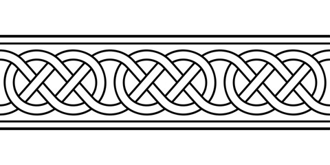 Celtic loop border knotwork, seamless tile and pattern in typical Celtic style. Intertwined lines forming knots. Traditional motif and template, which can be expanded to the left and right as desired.