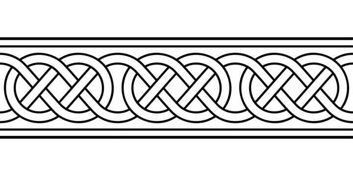 Celtic loop border knotwork, seamless tile and pattern in typical Celtic style. Intertwined lines forming knots. Traditional motif and template, which can be expanded to the left and right as desired.