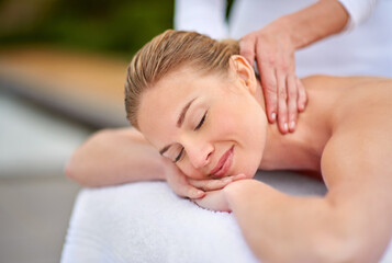 Neck massage, woman and spa with relax, wellness and enjoy or aromatherapy, self care and stress...