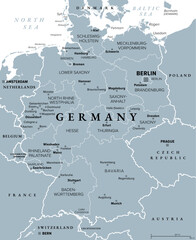 Germany, officially Federal Republic of Germany, gray political map. Country in Central Europe with capital Berlin. Consisting of 16 constituent states. Map with borders, capitals, and largest cities.
