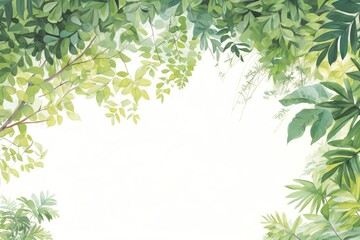 A watercolor painting of a lush green jungle canopy