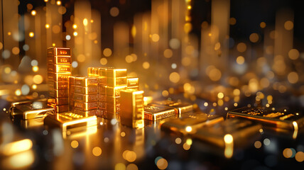 Gold and gold jewerlly on world trading markets with huge price increases. On the trading price graph background.