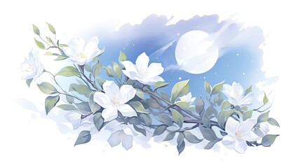 A watercolor painting of a magnolia branch in bloom against a background of a full moon and a starry night sky.