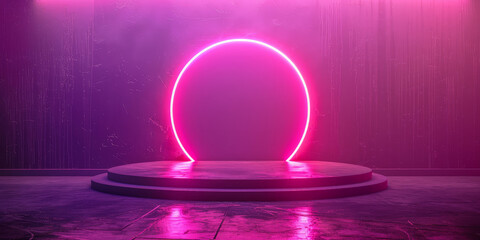  pink podium with pink neon  lights background, abstract and futuristic design, technology, science fiction, pink Podium light tech technology background portal circle cyberpunk effect digital.