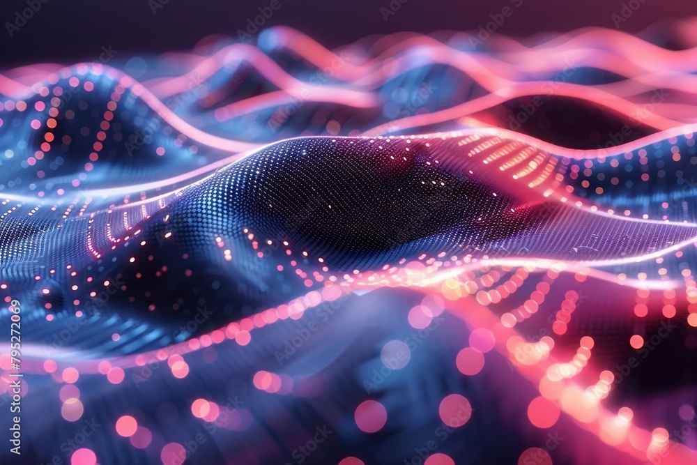 Poster futuristic technology background with abstract waving particles. illustration of a fractal grid info