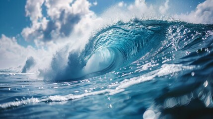 Large crashing turquoise sea wave. Surfer riding summer swell banner - AI-generated - obrazy, fototapety, plakaty