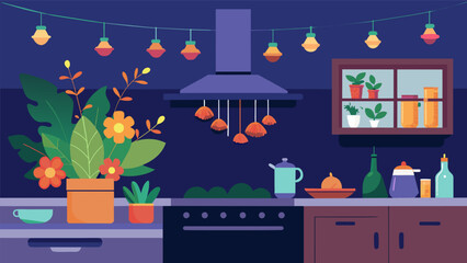 A cozy kitchen adorned with strings of fairy lights and a colorful bouquet of fresh herbs ready for a first cooking together day.