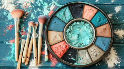 A makeup palette with a variety of colors and brushes on a table. The palette is surrounded by a pile of makeup powder, which suggests that someone is preparing to apply makeup