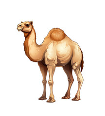 A charming cartoon camel standing proudly, with a gentle expression and detailed shading, against a clear background. Generative AI