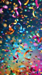 Celebrate with a blast of colorful paper ribbons and confetti, creating a vibrant party background.