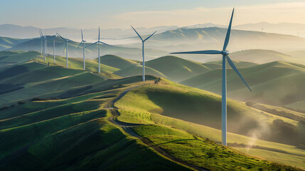 A row of wind turbines stands majestically on the crest of rolling, hills covered with green grass. Green energy concept