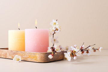 Burning candles and cherry blossom twig, spa still life