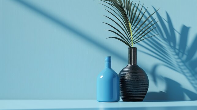 A blue vase and a black vase are sitting on a blue table against a blue background. The shadow of a palm frond is on the wall behind the vases.

