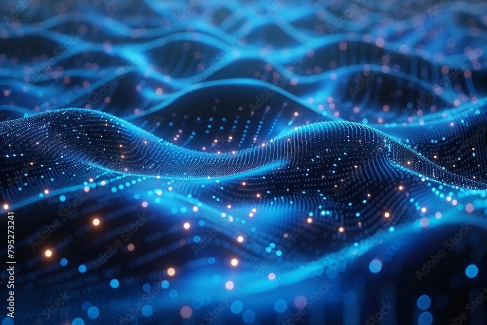 Poster technology-themed abstract illustration featuring a digital grid with interconnected particles, arti