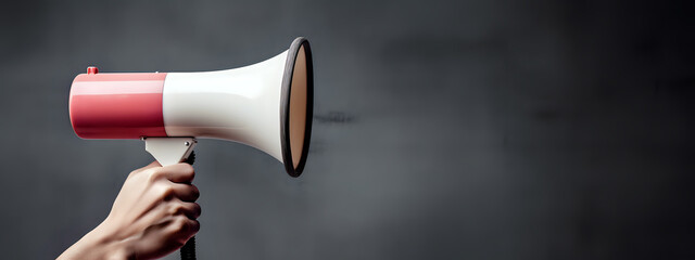 Hand Holding Megaphone on Gray Background.
A close-up image of a hand holding a red and white megaphone against a gray gradient background, perfect for themes of announcement and communication.