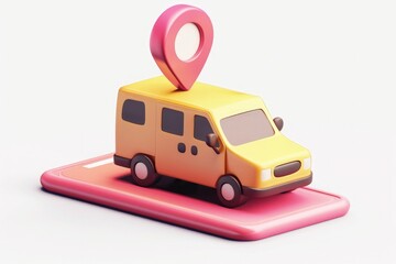 Delivery van on top of smartphone with location pin, delivery concept, mobile app, logistics.