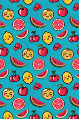 bright cheerful colorfull pattern of fruits and berries on a blue background