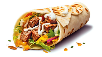 Savory Beef Wrap.
A hearty and appetizing beef wrap, generously filled with succulent slices of seasoned beef, fresh lettuce, vibrant bell peppers, and a drizzle of creamy sauce, all snugly wrapped in