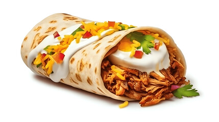 Savory Chicken Burrito with Fresh Toppings.
Mouthwatering chicken burrito with sour cream, cheese, and fresh vegetables, perfect for food blogs, menus, and recipe applications.